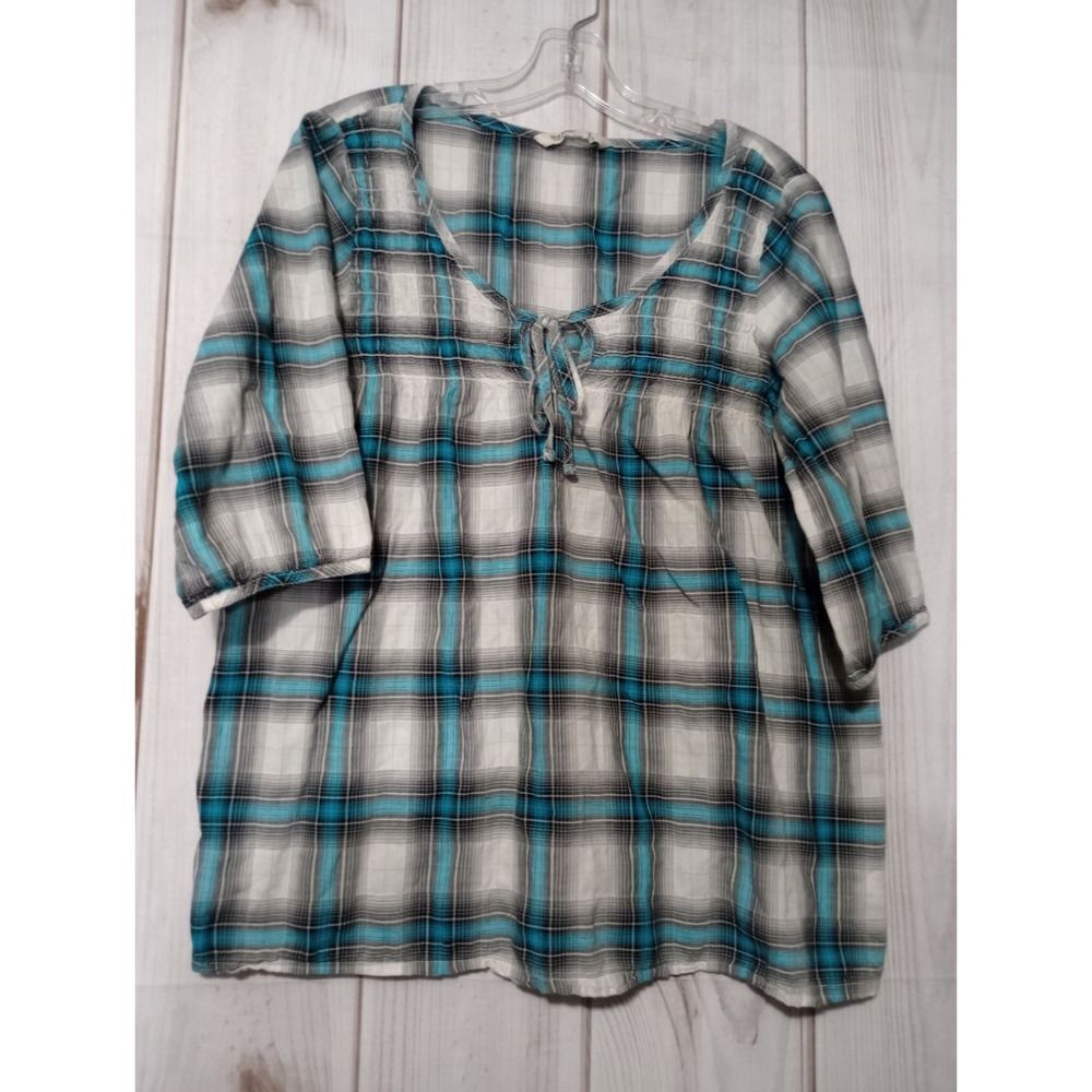 Old Navy Shirt Ladies Large Teal Gray Plaid 3/4 Sleeve